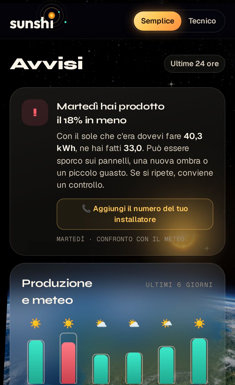 Schermata avvisi dell'app SUNSHI