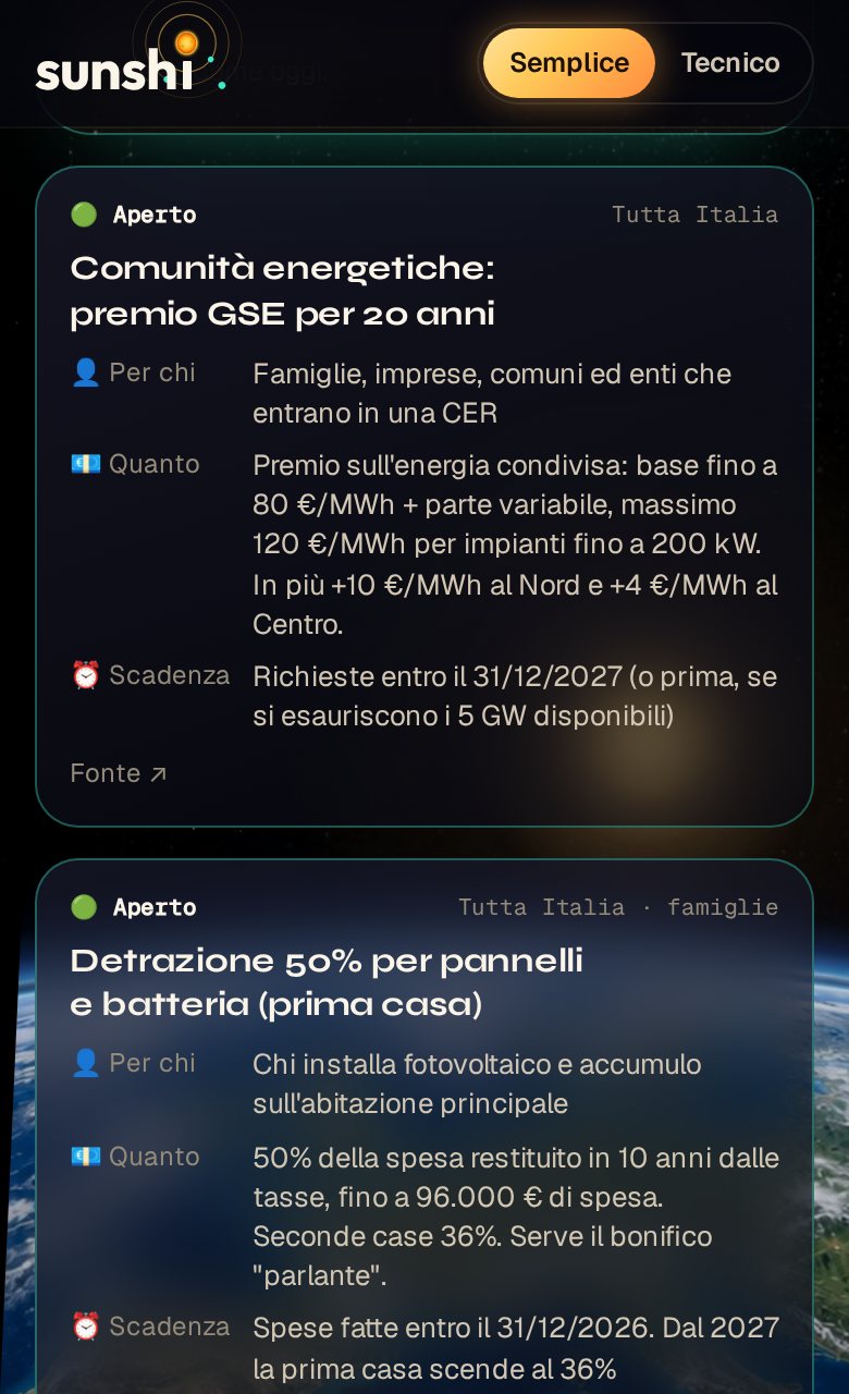 Schermata novità e incentivi dell'app SUNSHI