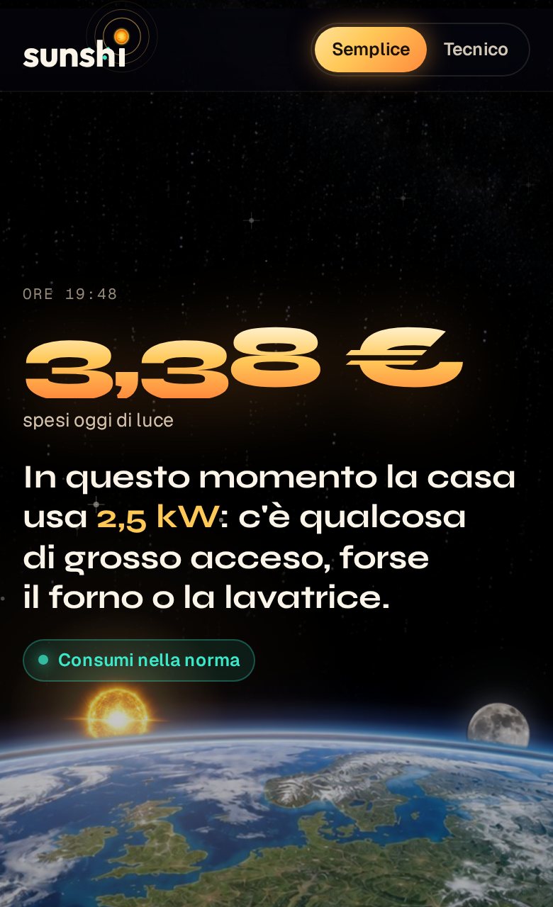 Schermata casa senza pannelli dell'app SUNSHI