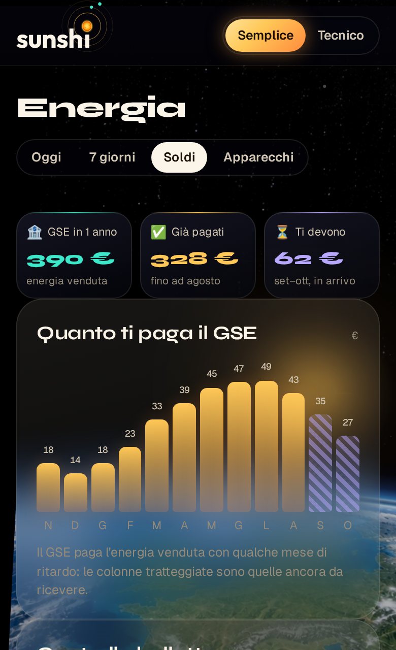 Schermata soldi e bolletta dell'app SUNSHI